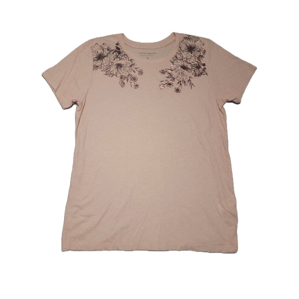 Lucky Brand Floral Foil Graphic T Shirt Women's Size M Pink Short Sleeve Top